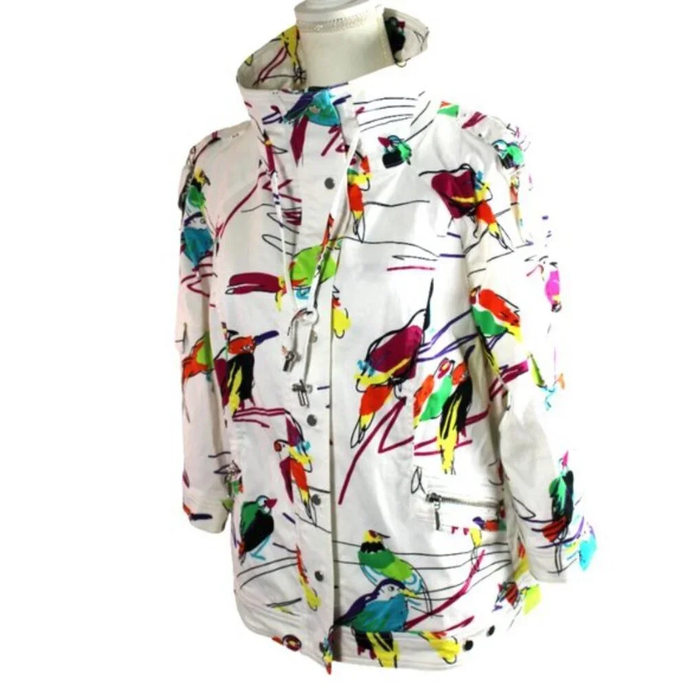 Berek White Multi Abstract Tropical Bird Cotton Jacket Size Large
